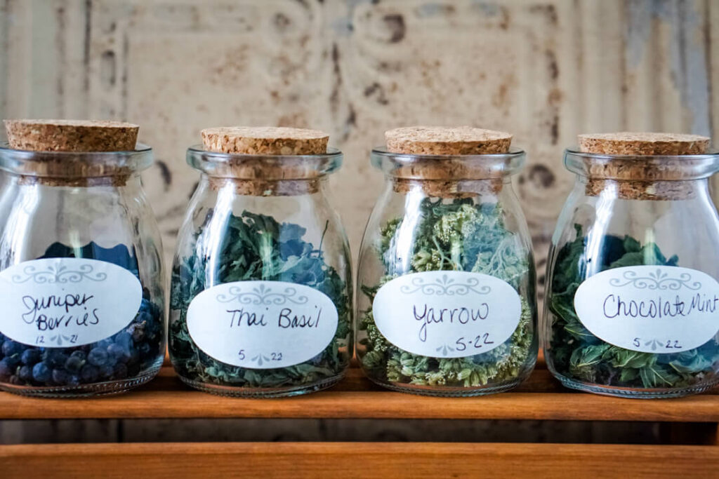 Home dried herbs in storage bottles on a wooden shelf. 